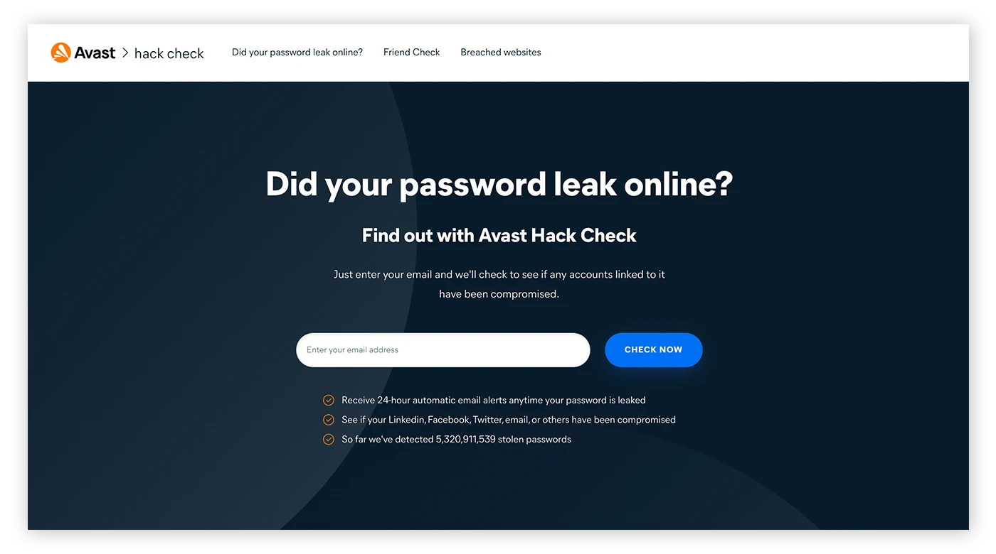 Avast Hack Check是一款免费工具，用于检查查看你的个人数据是否被曝光。
