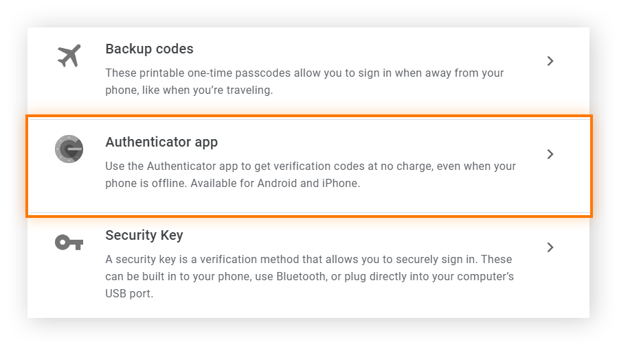 在 Google 帐户的二步验证部分中的验证选项