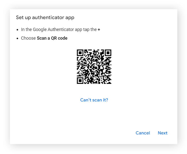 设置 Google Authenticator 的二维码屏幕